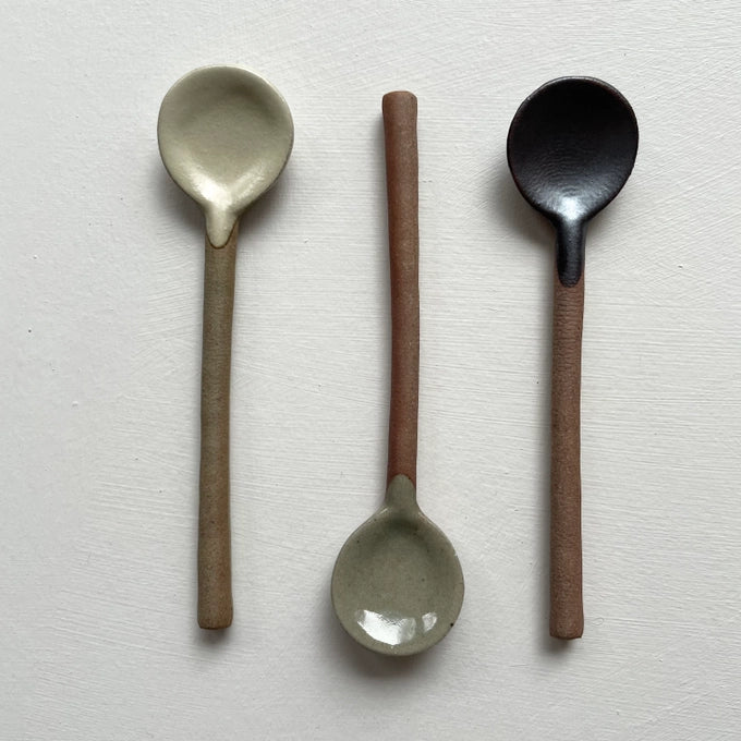 Neutral small handmade pottery spoon - white