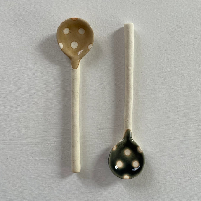 Neutral small handmade pottery Japanese spoon - polka dot mustard