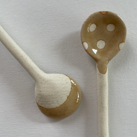 Neutral small handmade pottery Japanese spoon - polka dot mustard